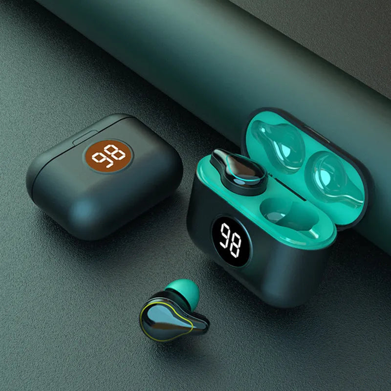 Black and blue in-ear Bluetooth headset with over-ear hooks for secure fit