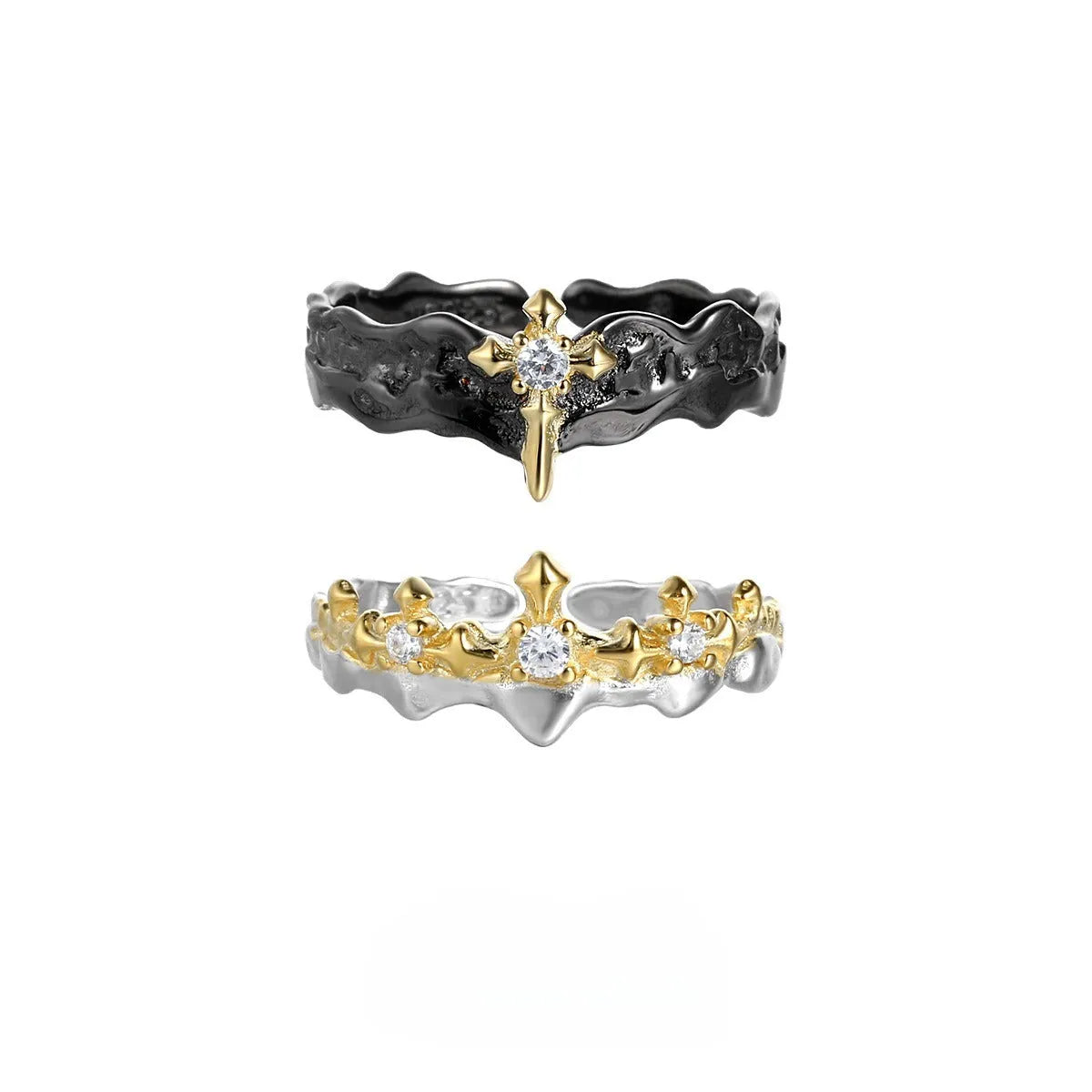 Adjustable silver couple ring with electroplated white gold or black gold finish and minority princess knight design