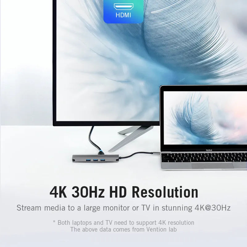 Deep grey USB-C hub converter with HDMI, USB 3.0, Ethernet, and memory card ports showing aluminium alloy construction