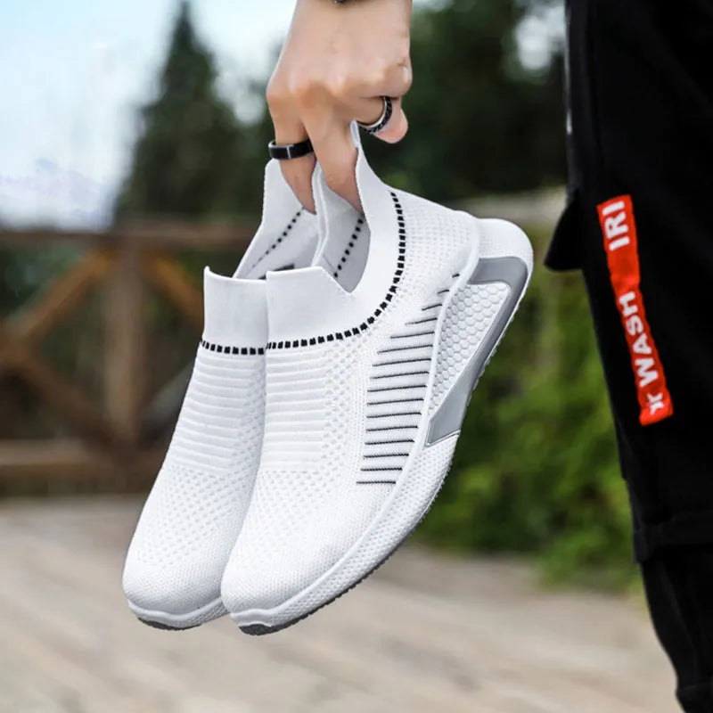 Men's low-top mesh sock sneakers with striped design and Flyknit upper.