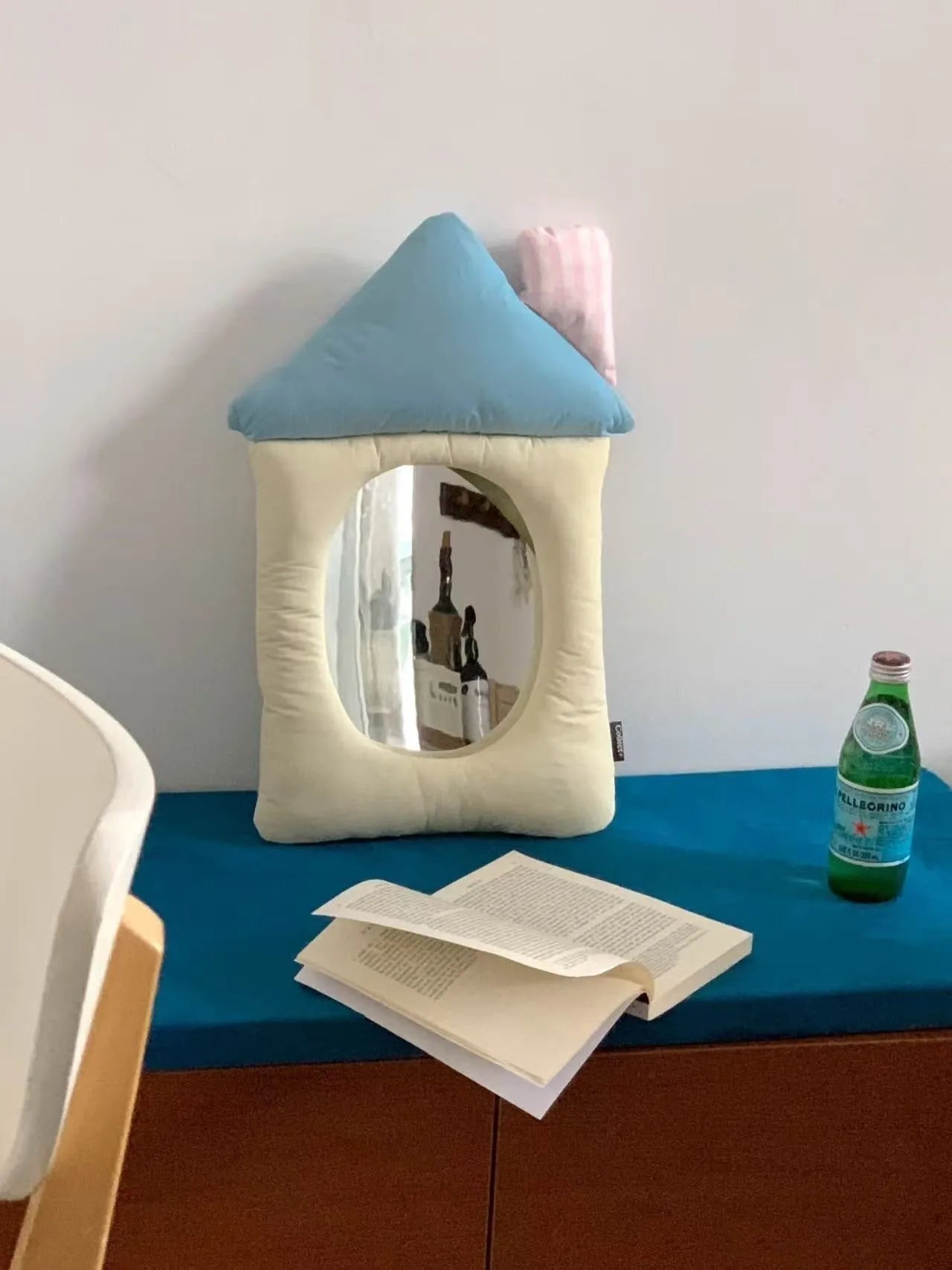 Korean-style decorative mirror with cotton-filled fabric border in apple colour option