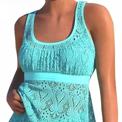 Women's conservative hollow back two-piece swimsuit set in solid colour