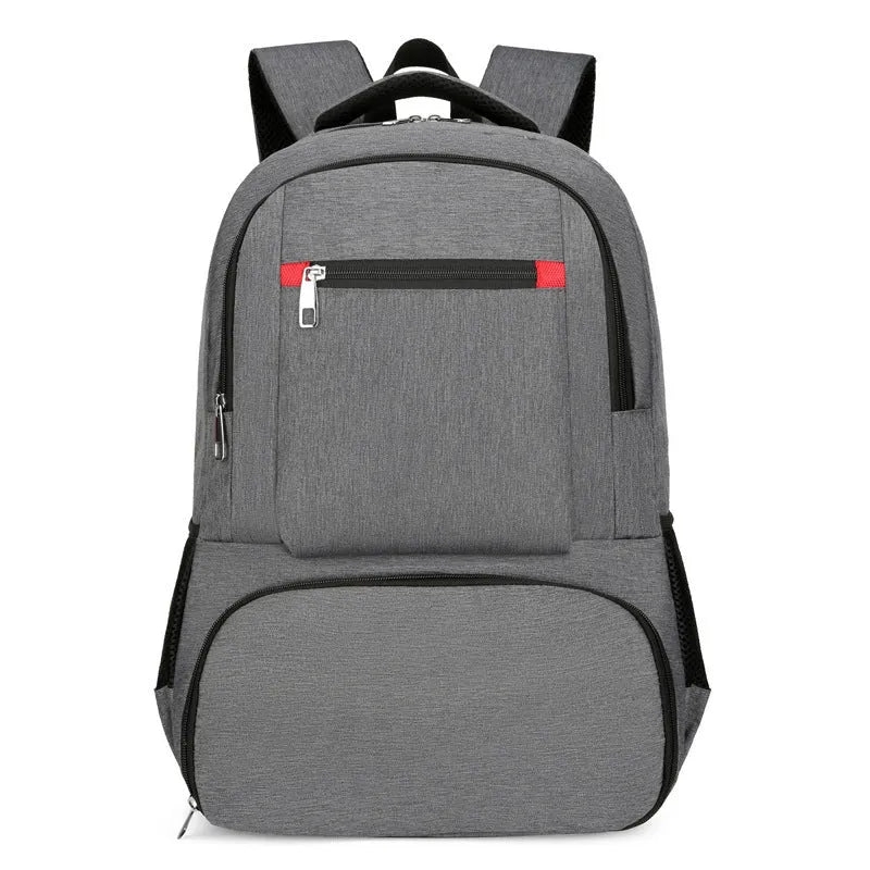 Light grey Oxford cloth insulated backpack with curved shoulder straps and pull rod belt