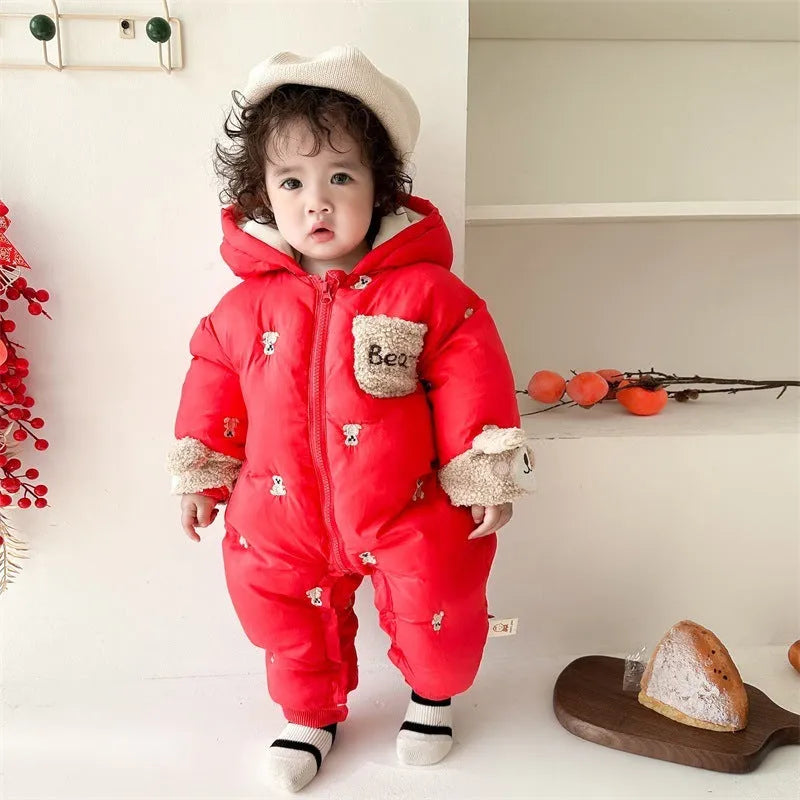 Baby winter velvet padded coat in beige with hood and zip front suitable for height 73cm to 100cm