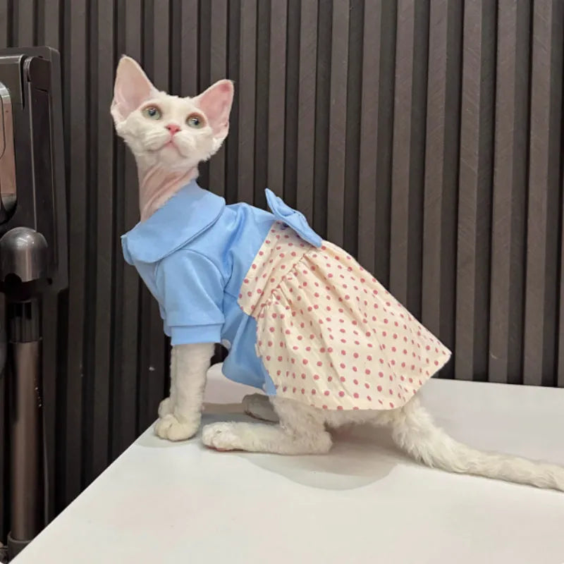 Hairless cat wearing a polka dot skirt with a detachable bow, lying down