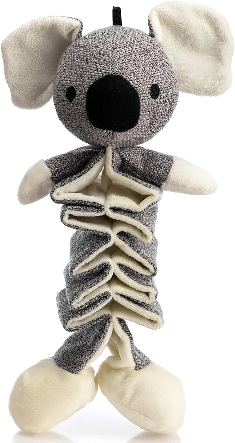 Grey koala plush dog toy measuring 30cm long with crinkle paper inside for squeaky sounds.