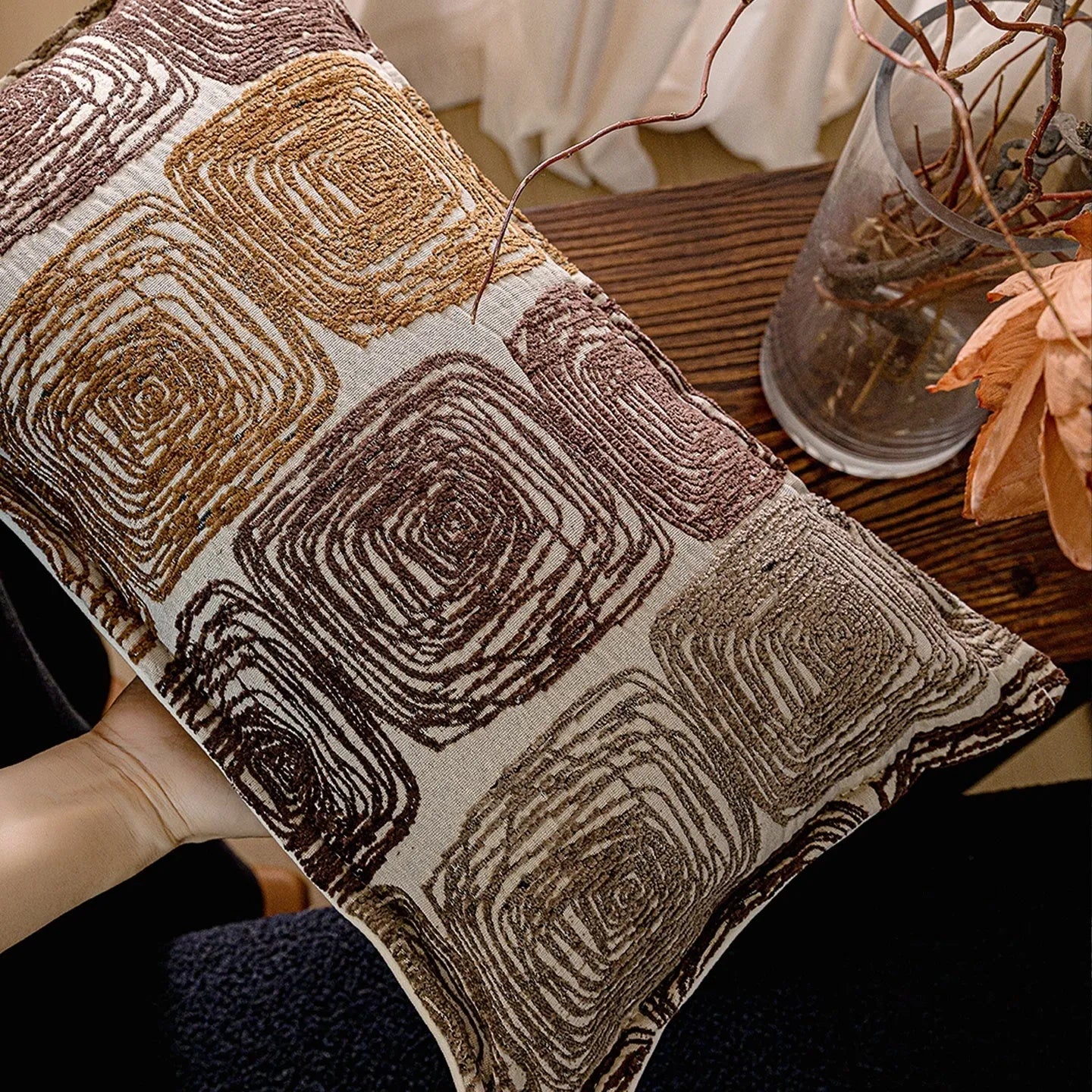 Cream and coffee abstract coil pattern pillow case in square and waist sizes
