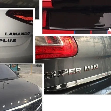 3D metal zinc alloy car letter sticker showing raised silver letter on clear adhesive backing.