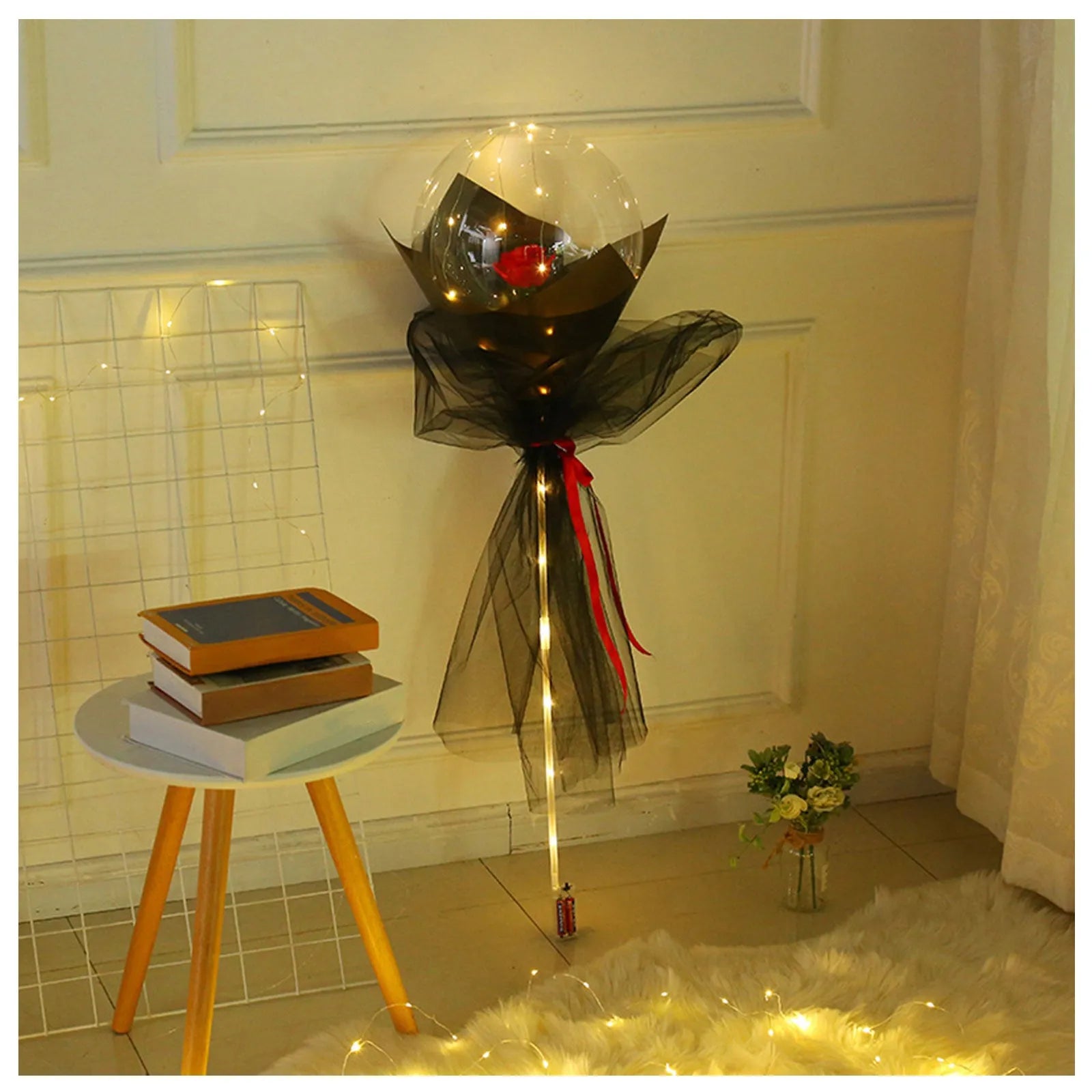 Transparent LED luminous DIY balloon rose bouquet with integrated lights for decoration.