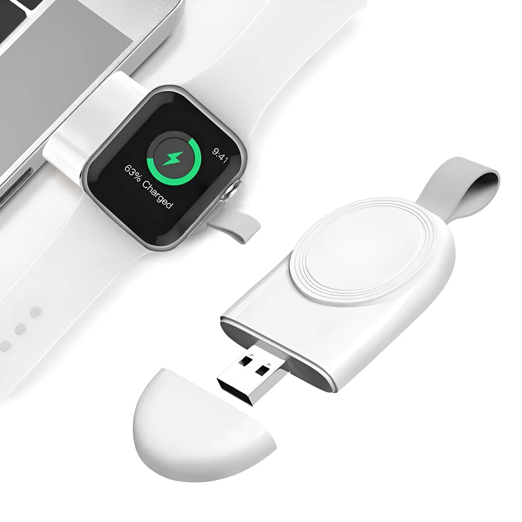 Portable wireless charger dock for Apple Watch in white, with USB cable and compact ABS body