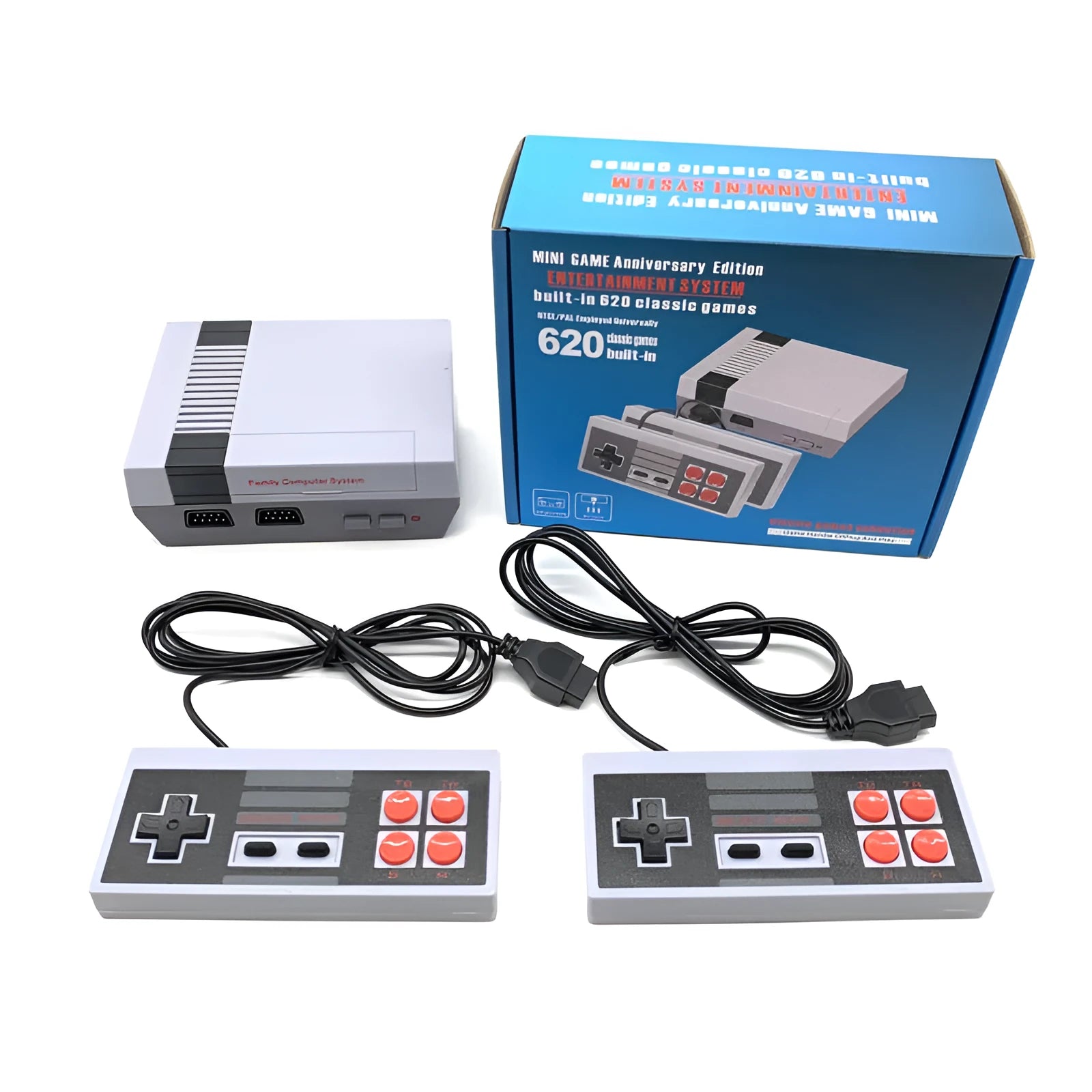 8-bit NES retro game console with two controllers showing FC NES 620 design
