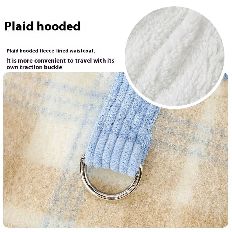 Blue hooded chessboard grid corduroy dog vest with traction styling for autumn winter wear