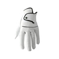 White men's golf glove made from half sheepskin material showing non-slip palm design
