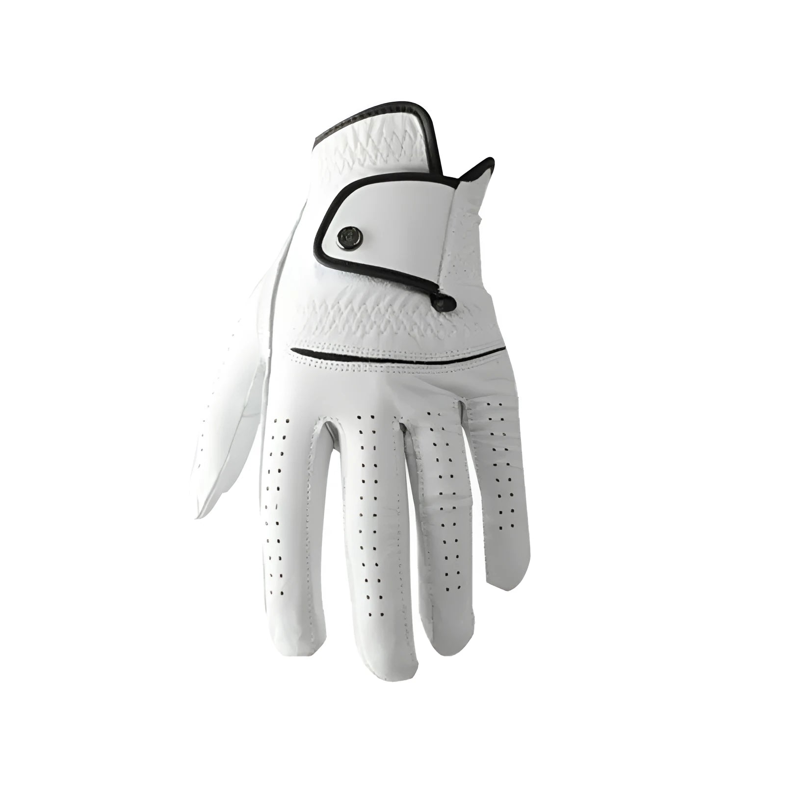 White men's golf glove made from half sheepskin material showing non-slip palm design