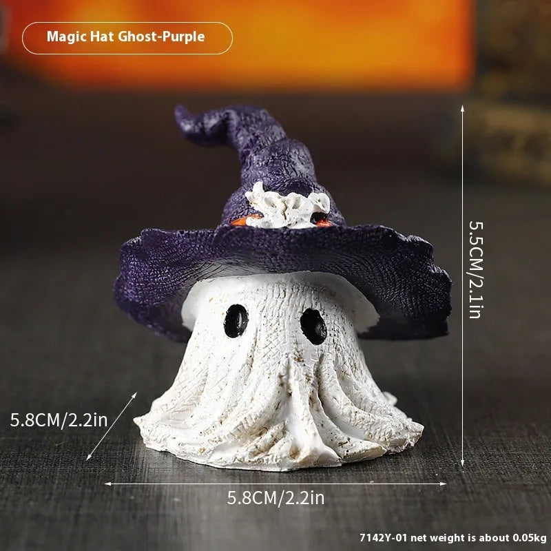 Purple and black resin wizard hat ghost ornaments for Halloween and Christmas seasonal displays