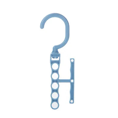 Blue revolving wardrobe hanger with five branches and a central handle for organising clothes.