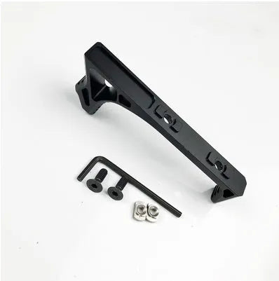 Metal hand stop in black for KEY-MOD handguard, side view showing mounting slots