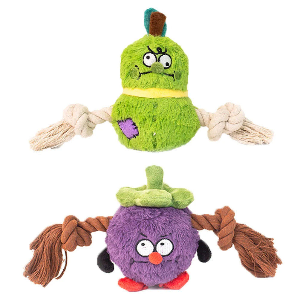 Green and purple interactive plush dog toy with rope knots for tug of war.