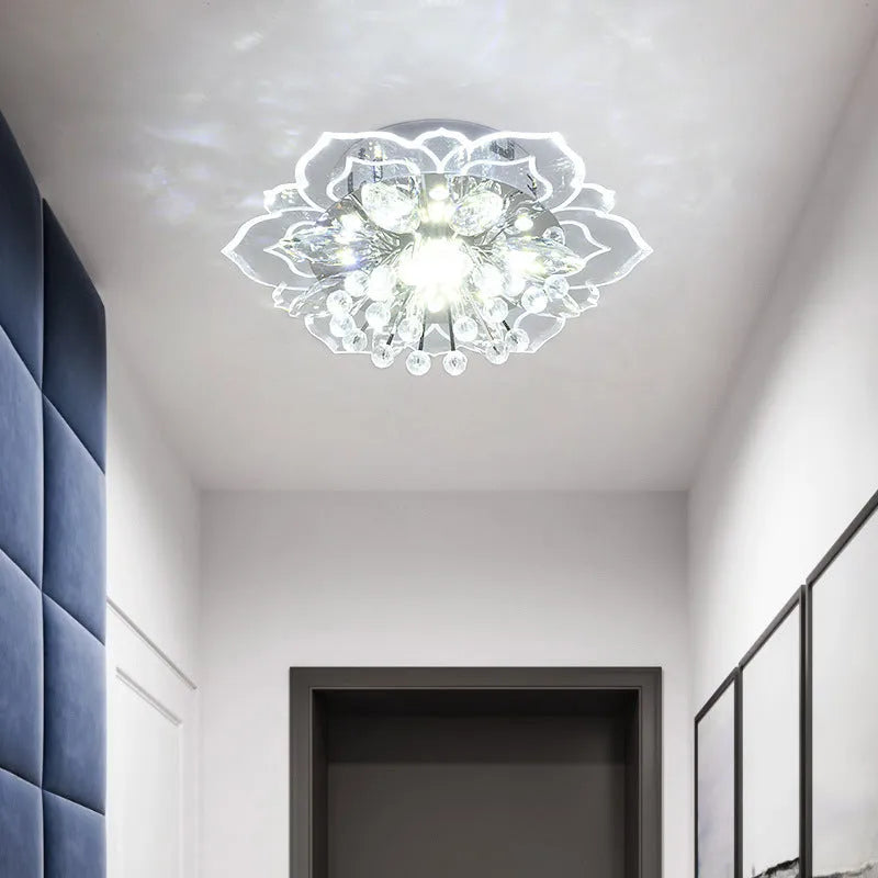 Modern crystal ceiling lamp with flower-shaped shade and 9W LED light in white, coloured, or warm light options