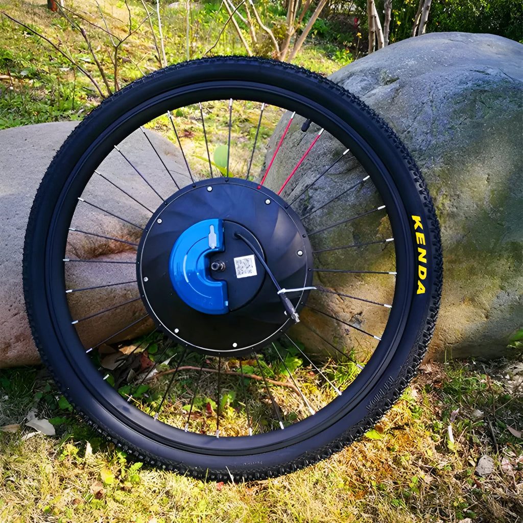 26-inch bicycle electric conversion kit showing hub motor wheel, lithium battery, and charger