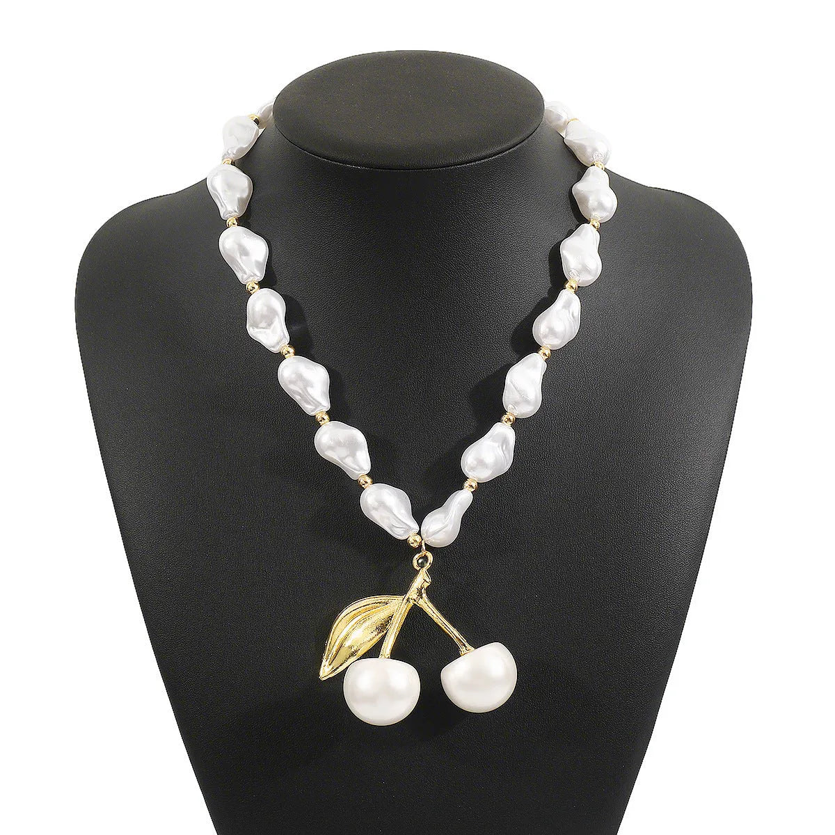 Alloy imitation pearl cherry fruit necklace for women with adjustable 51-60cm length and pearl chain