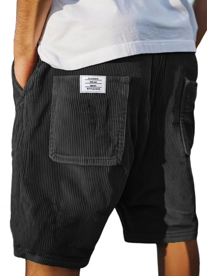 Men's grey corduroy shorts with multiple pockets and embroidery detail, straight-leg summer design