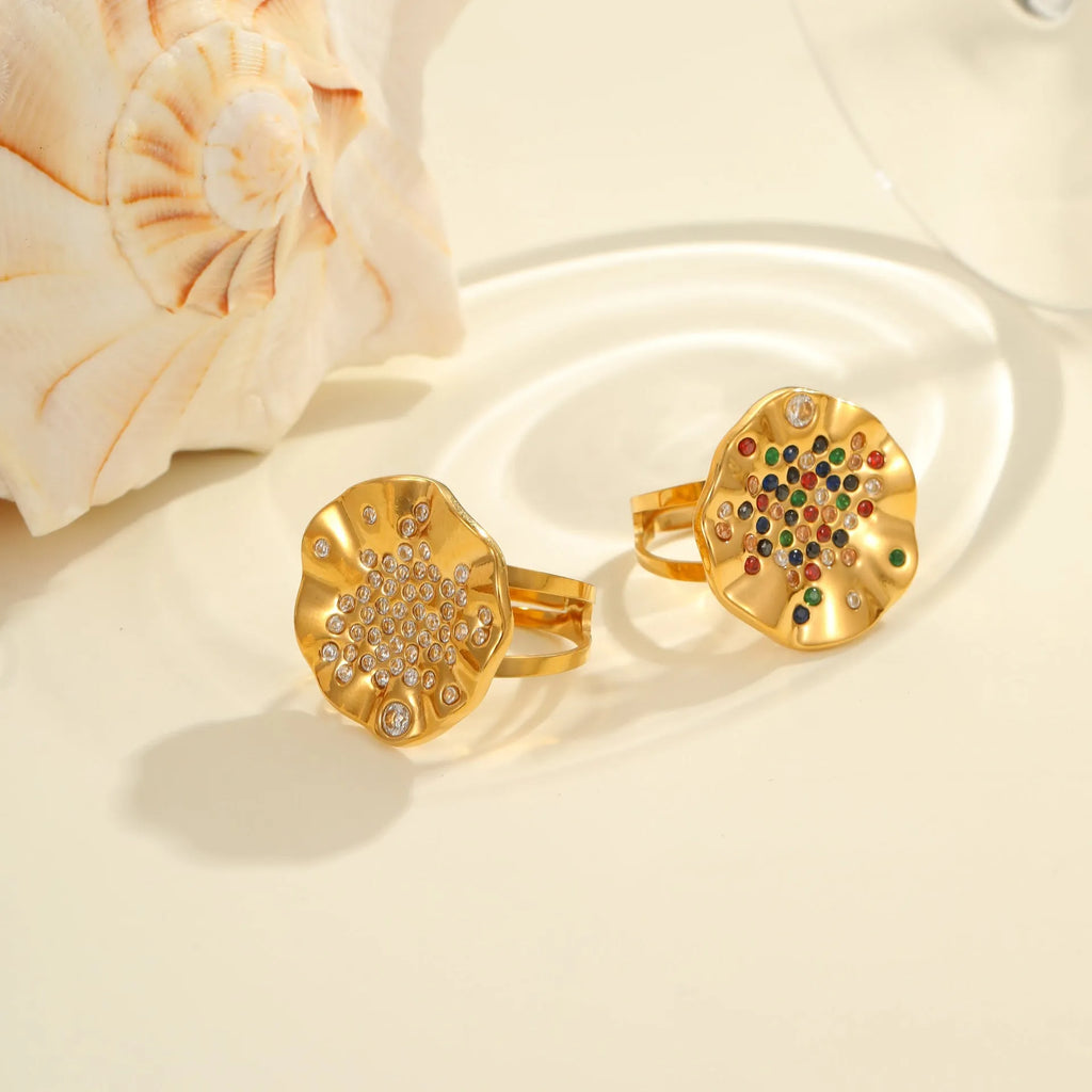Geometric adjustable stainless steel ring with colourful crystal inlay and open mouth design