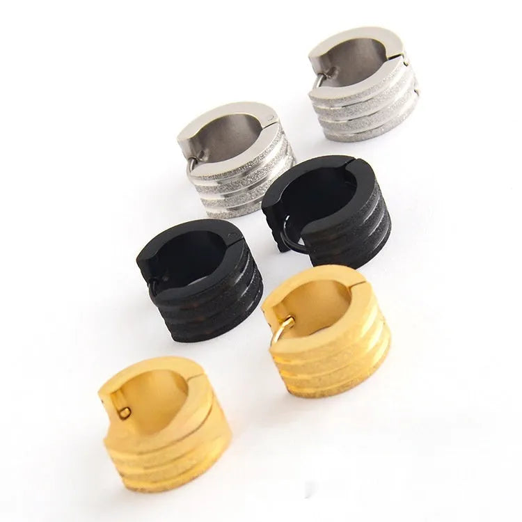Three-line frosted geometric titanium steel earrings in black, gold or steel colour options