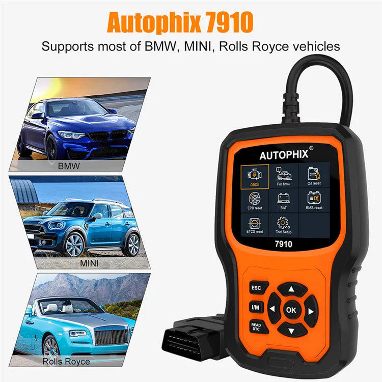 Autophix 7910 OBD2 diagnostic scanner for BMW Mini Rolls Royce vehicles on a workshop bench.