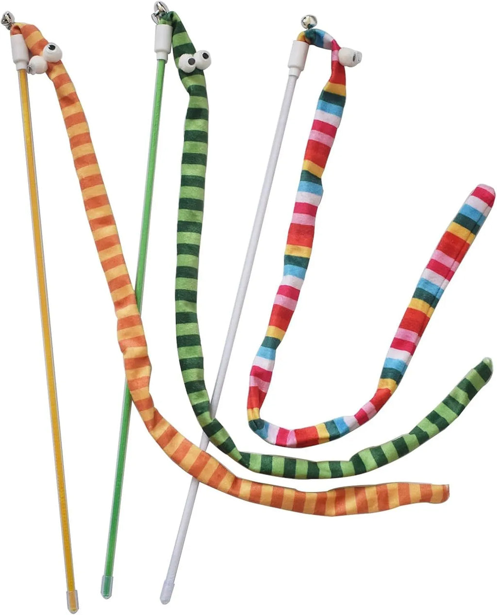 Colourful cat teaser wand toy with a long plush strip and bell on a polycarbonate handle.