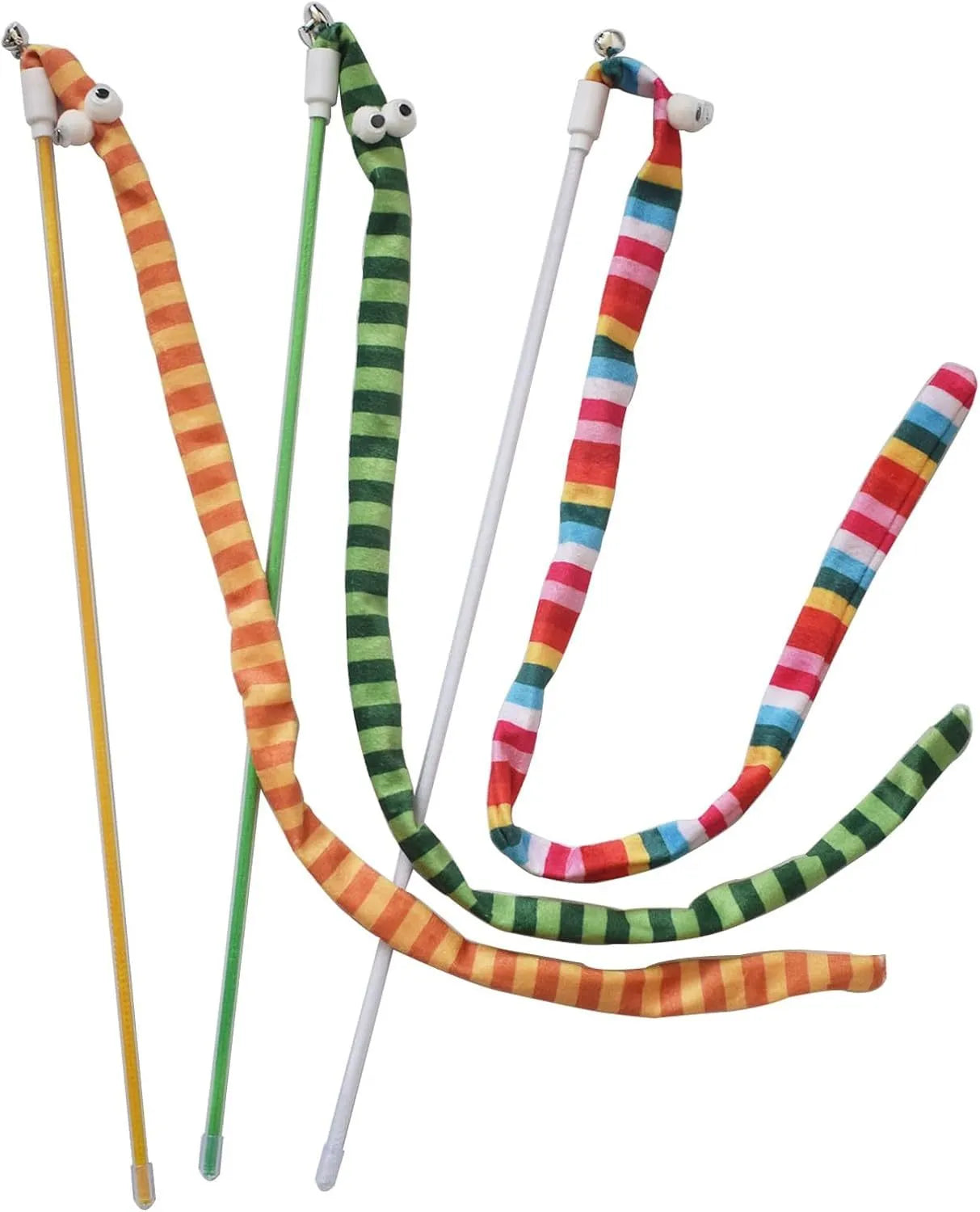 Colourful cat teaser wand toy with a long plush strip and bell on a polycarbonate handle.