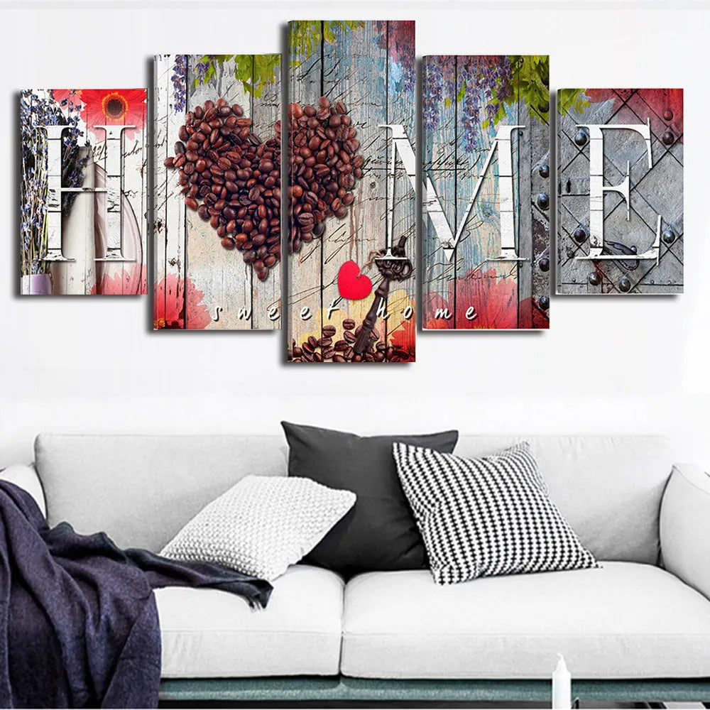 Set of five unframed red abstract canvas panels arranged as wall art display