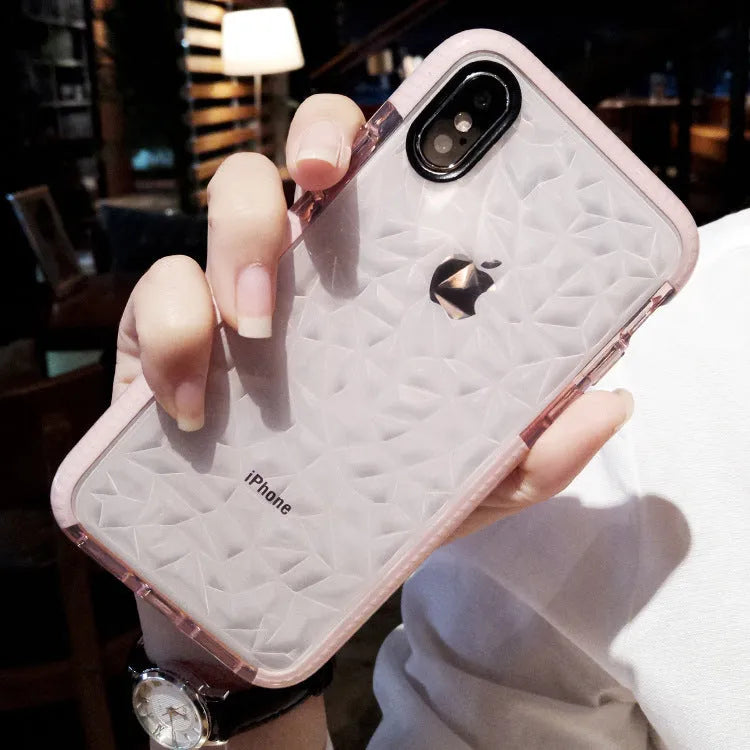 TPU iPhone back cover case with striped pattern shown in pink with white edge colour.