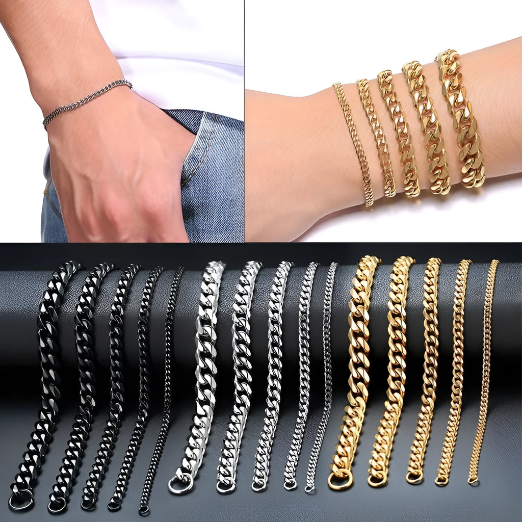 Six-sided geometric Cuban link metal bracelet in gold, black, and steel colour finishes.