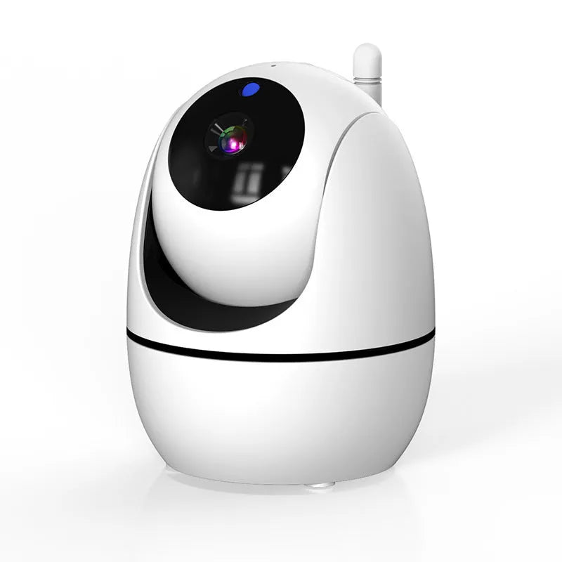 White HD wireless baby monitor with 5-inch screen on a nursery shelf.