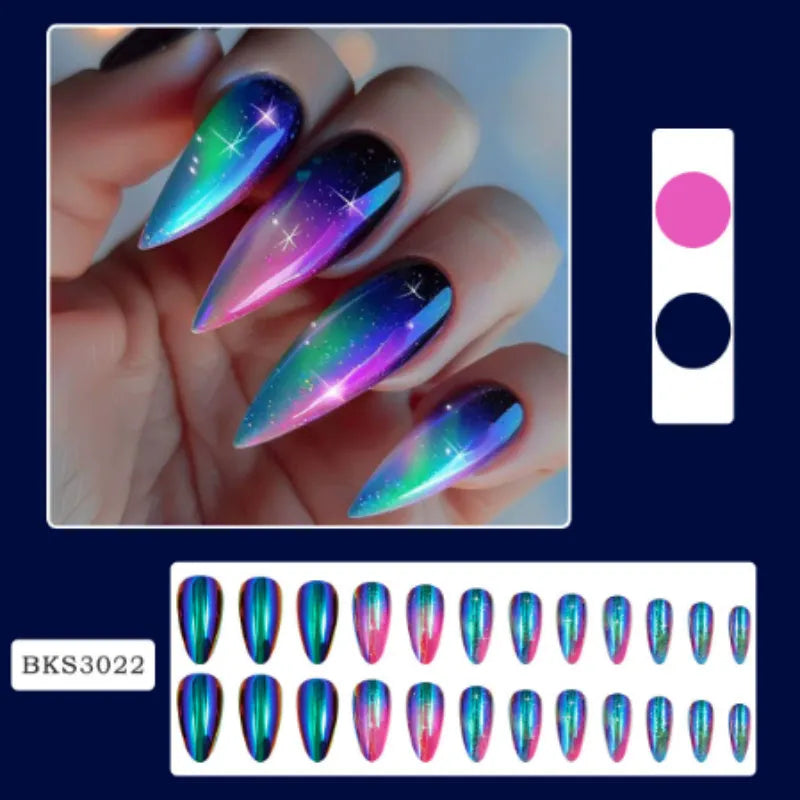 Wear Armour Medium Almond Frosted Nail Stickers set showing four patterns: French leaf, colourful plating, macaron, and leopard print.