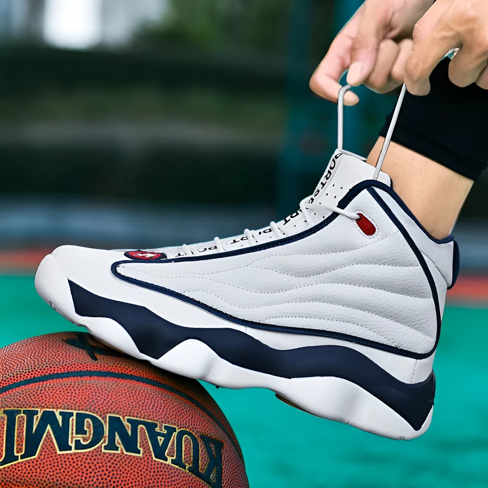 Men's high-top basketball shoes with mesh upper and thick rubber sole in AJ13 colour options