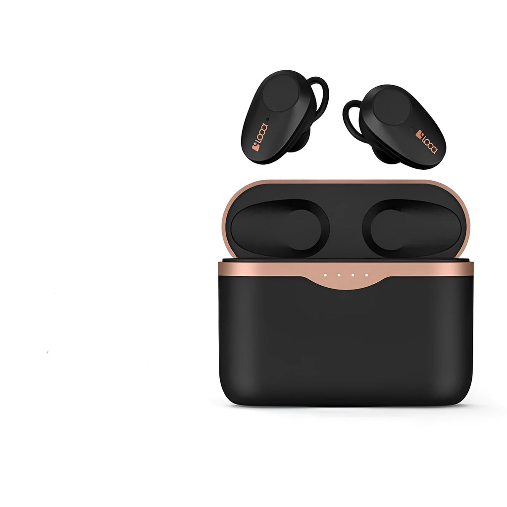 Black wireless Bluetooth stereo headset with charging case showing earbuds with rubber ear tips