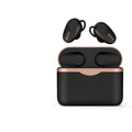 Black wireless Bluetooth stereo headset with charging case showing earbuds with rubber ear tips