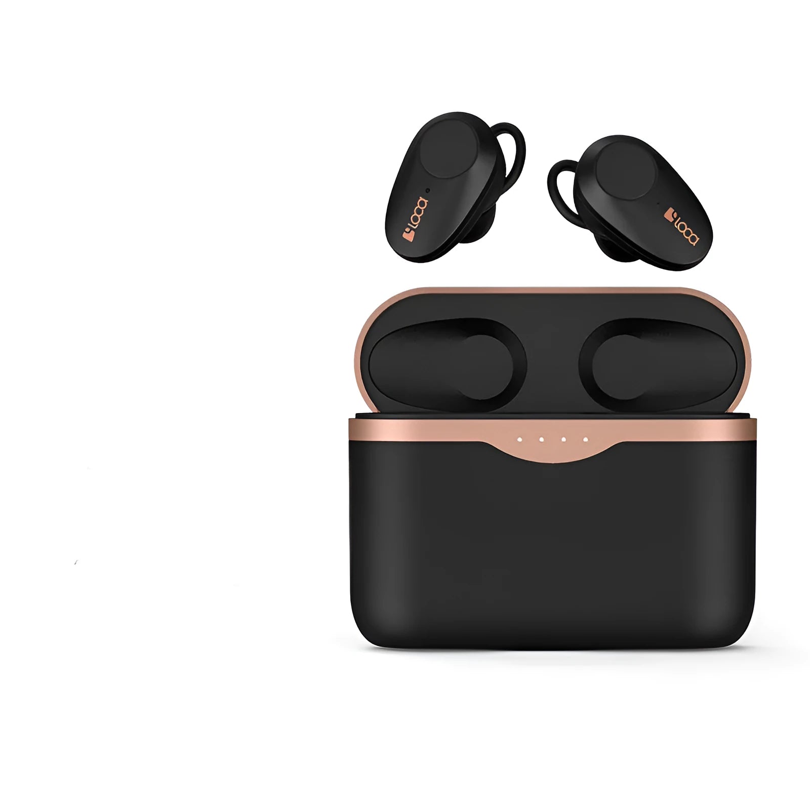 Black wireless Bluetooth stereo headset with charging case showing earbuds with rubber ear tips