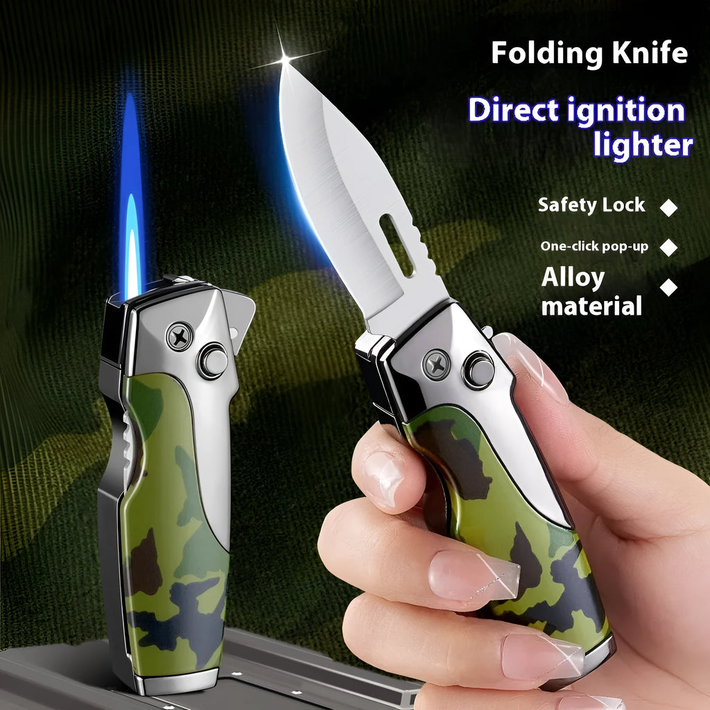 Zinc alloy folding knife and jet lighter multi-tool in black with wood grain finish, showing closed position.