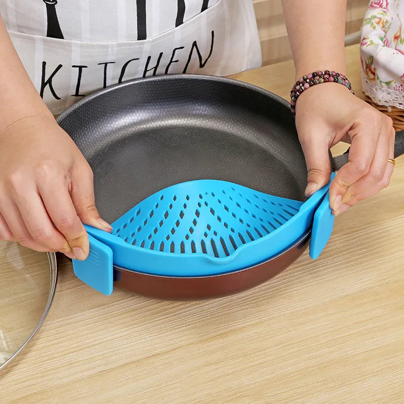Silicone clip-on pot funnel strainer with stainless steel insert for draining liquids
