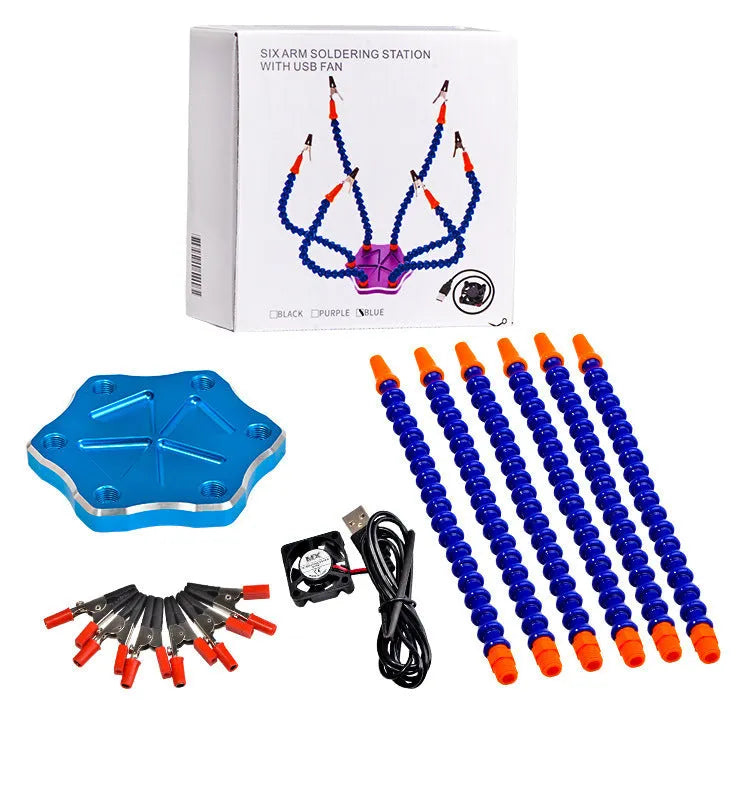 Black and purple aluminium six-jaw welding station with seven auxiliary arms for model repair soldering