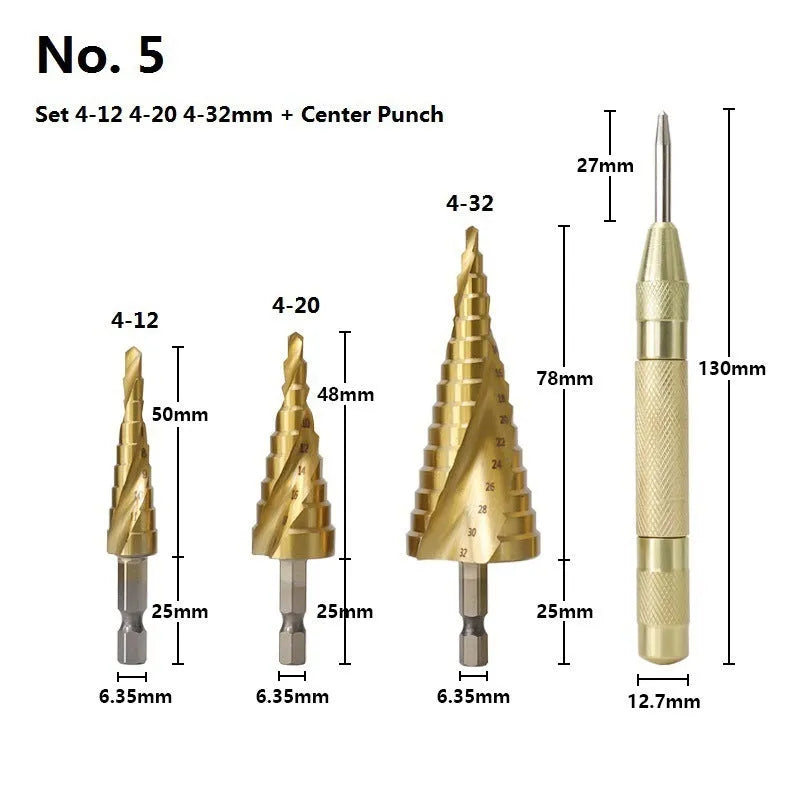 High speed steel cone drill bit punch set with centre punches including multiple step drill sizes