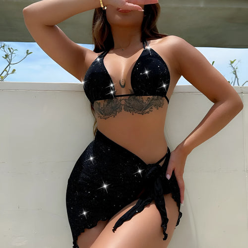 Black three-piece bikini swimsuit set with top and shorts on a mannequin
