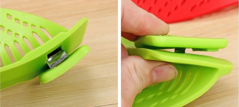 Silicone clip-on pot funnel strainer with stainless steel insert for draining liquids