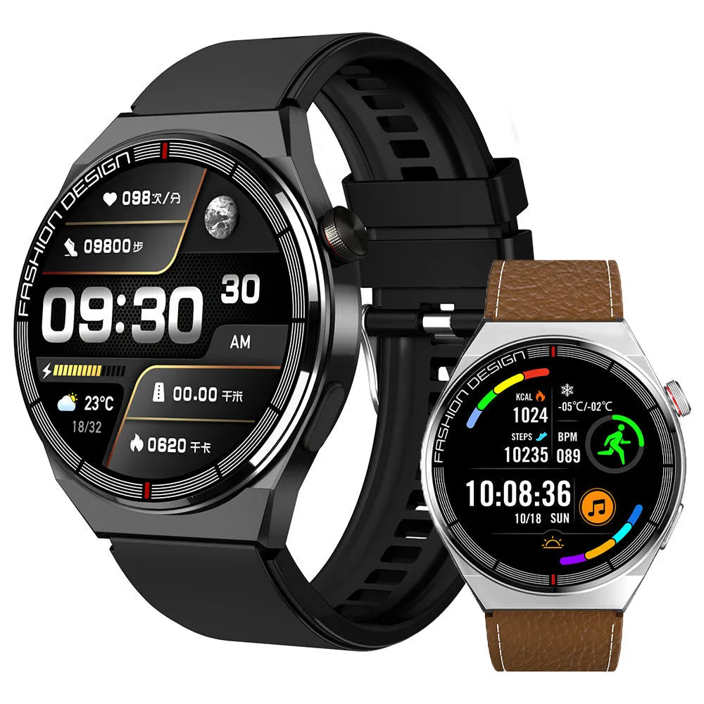 Black smartwatch with health monitoring on wrist showing heart rate display