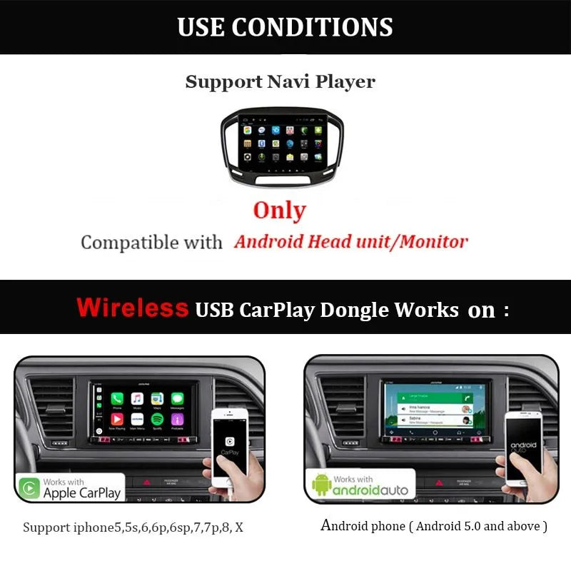 Black wireless CarPlay USB dongle with voice Siri and mirror function for car navigation screen