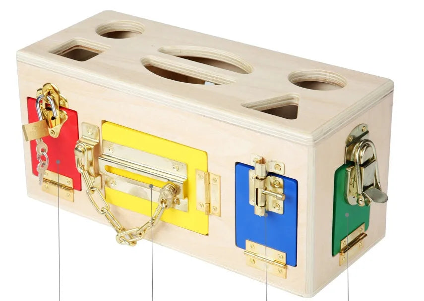 Wooden educational shape lock box toy with 12 wooden shapes for preschool children.