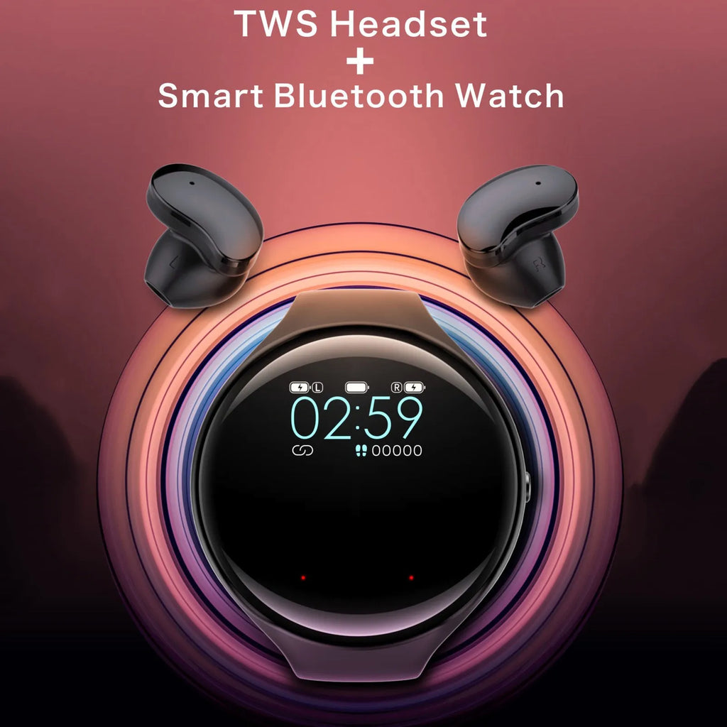 Black Bluetooth headset and smart bracelet combo showing detachable TWS earphones and sports watch display
